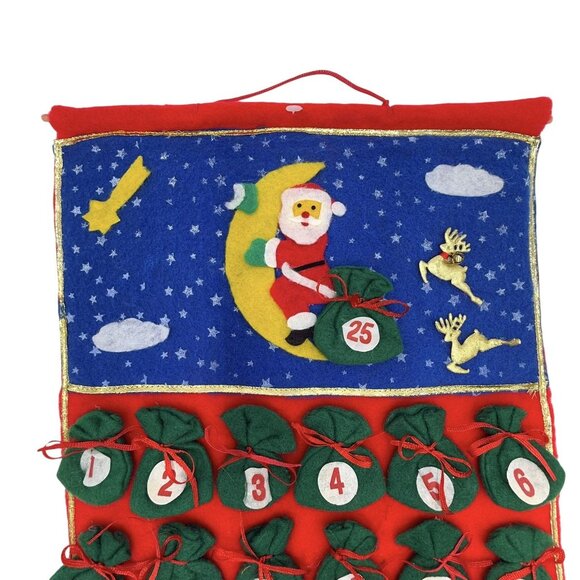 VTG Felt Advent Calendar Christmas Countdown Santa Claus On Moon Refillable Bags - Picture 2 of 5